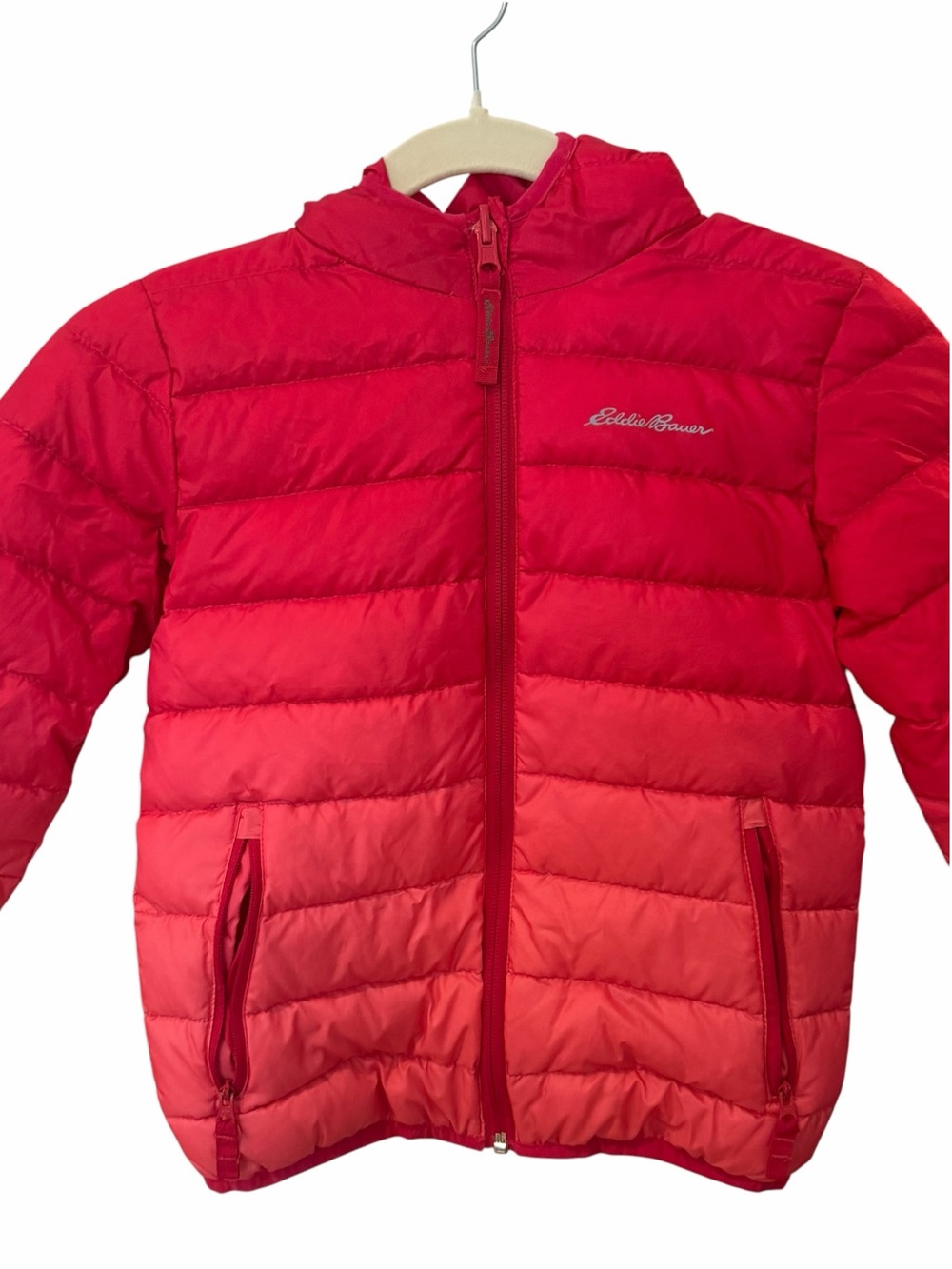 Eddie Bauer Girls Pink Red Ombre Down Puffer Jacket Hooded Zip Pockets